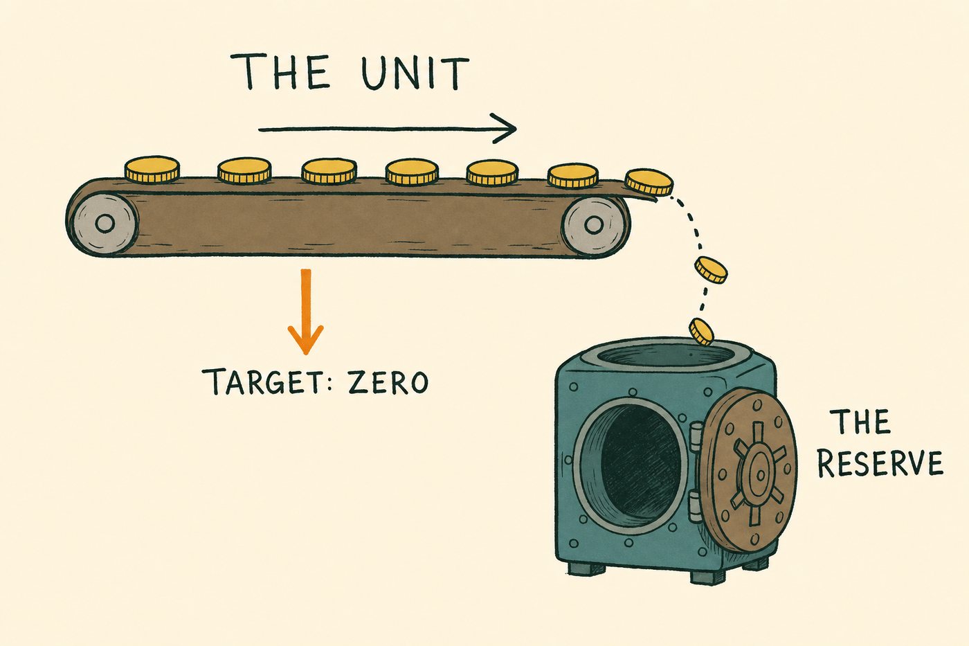The circuit. The unit is spent into the machine; the reserve is what remains.